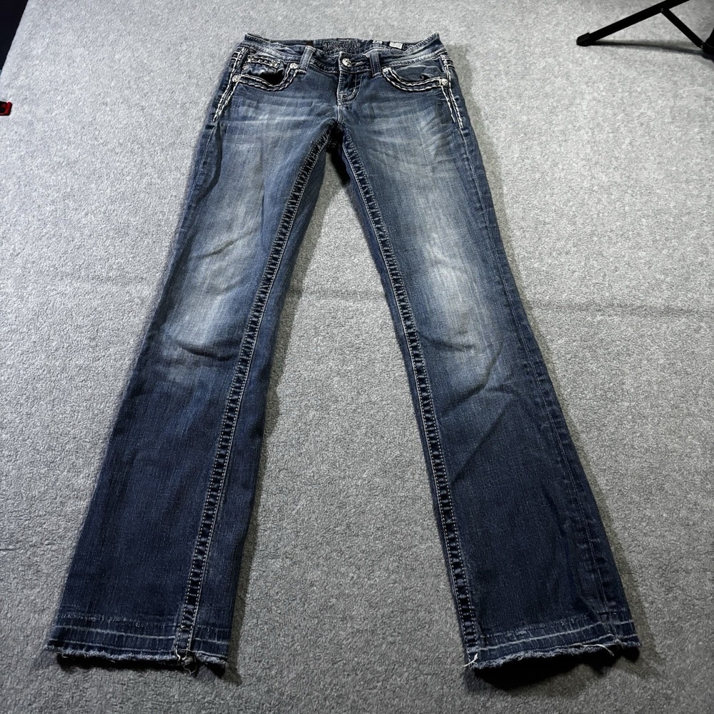 Miss Me Easy Bootcut Blue Jeans 27" Dark Wash Cut Off Raw Hem Denim JE6099E3L